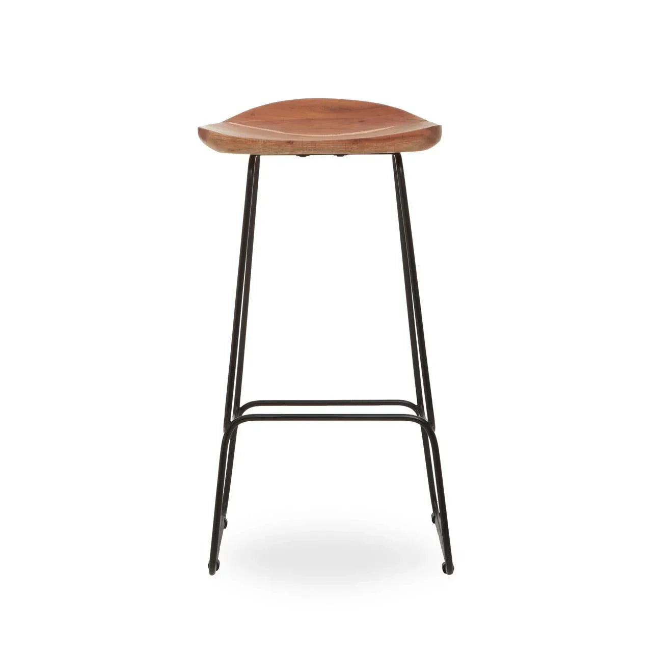 Wooden bar stool with contoured seat and black metal legs, front view