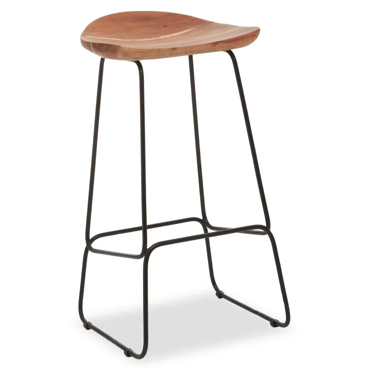 Wooden bar stool with curved seat and black metal legs