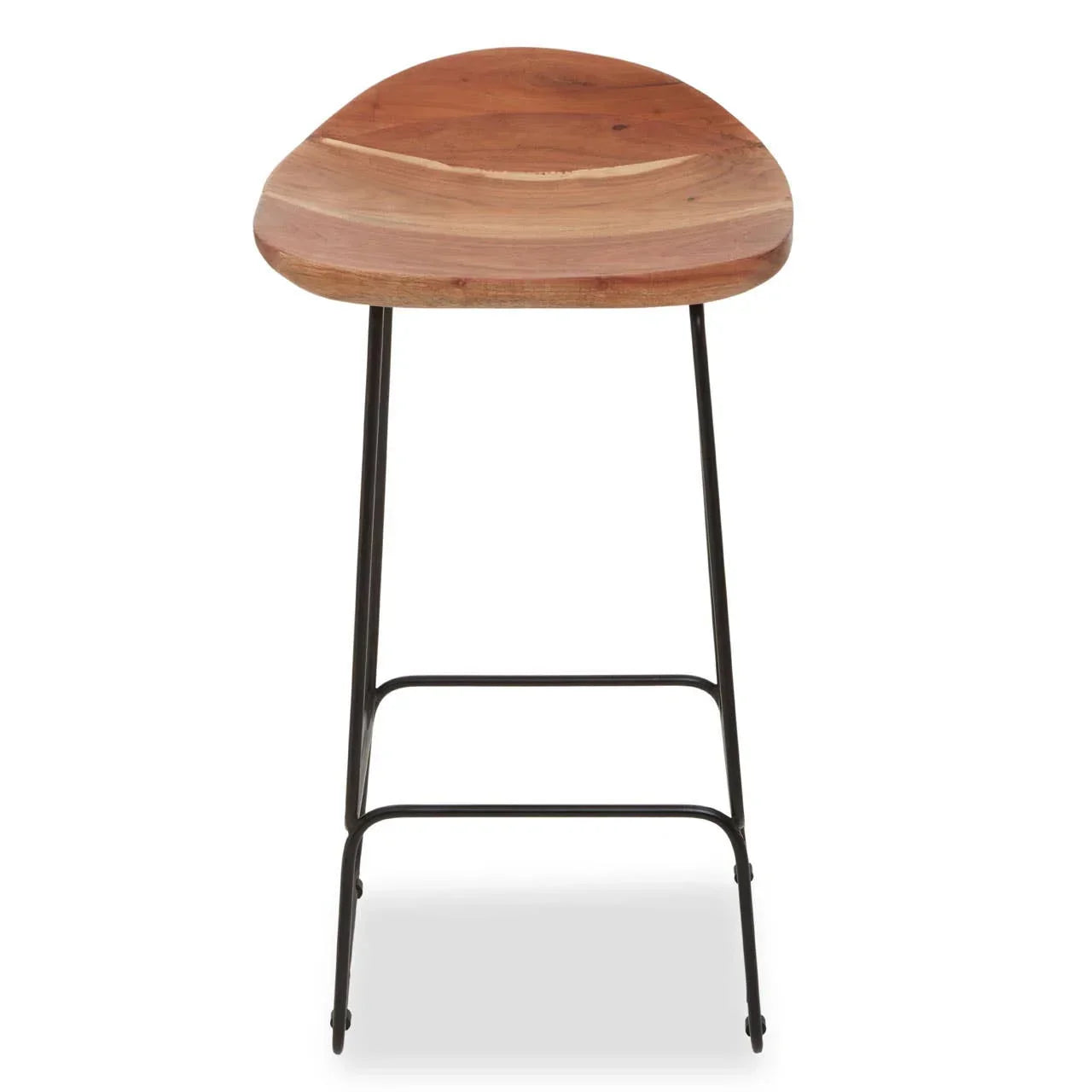 Solid wood bar stool with natural finish and black metal legs, front view