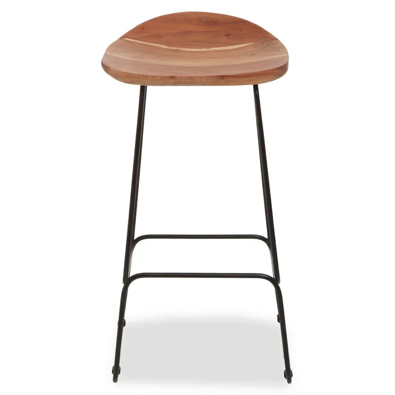 Wooden bar stool with curved seat and black metal legs, front view