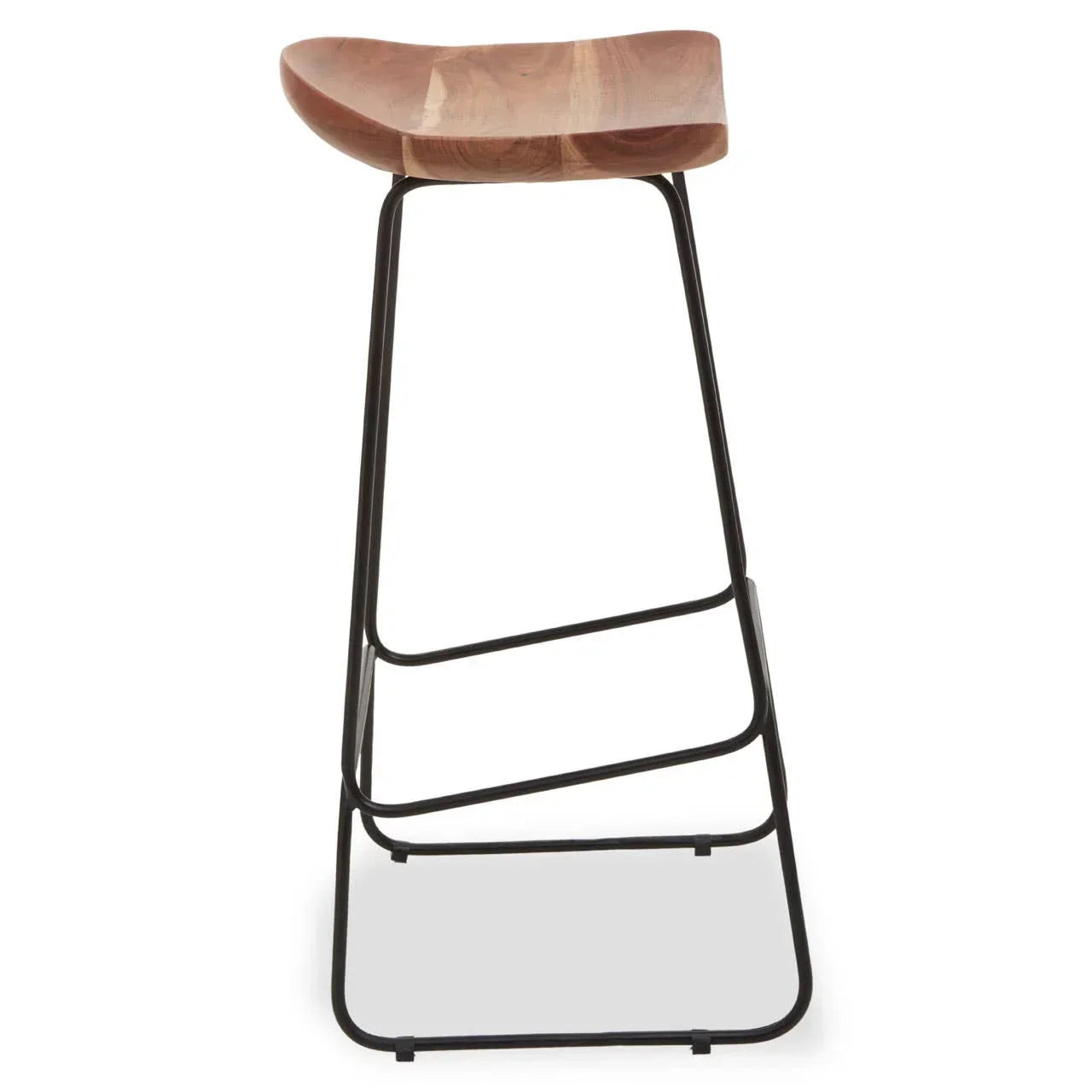 Wooden bar stool with black metal legs and contoured seat, side view
