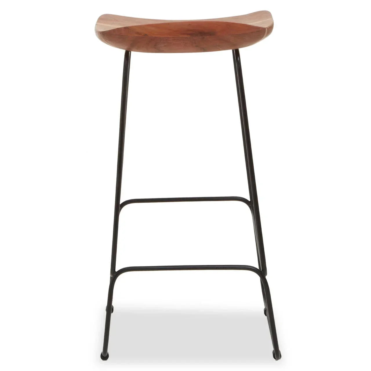 Wooden bar stool with curved seat and black metal legs, front view