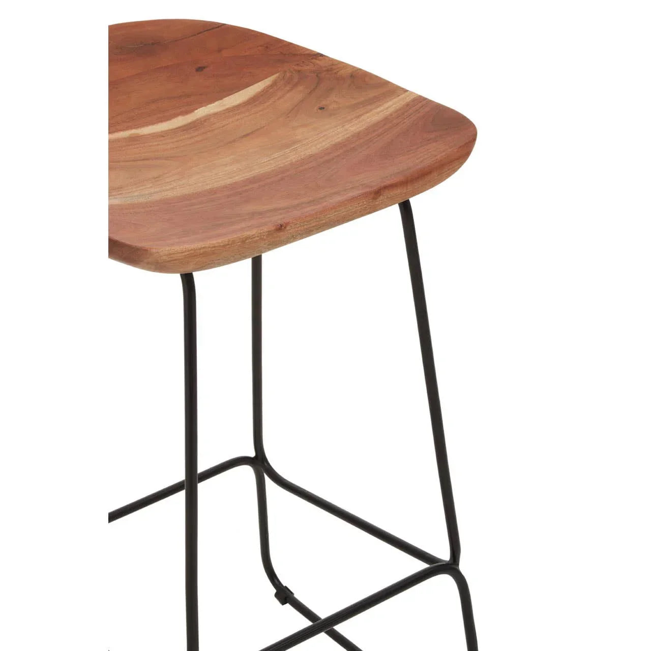 Wood bar stool seat with natural grain and black metal legs, close-up view