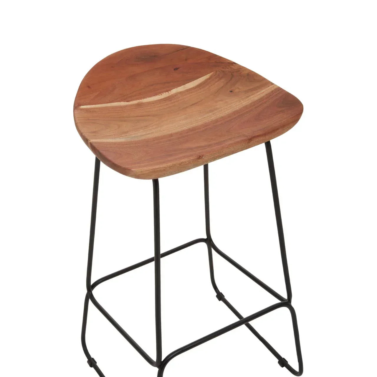 Wooden bar stool with curved seat and black metal legs