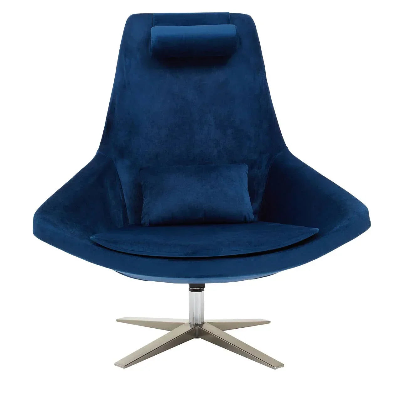 Modern blue velvet swivel chair with metal base and matching cushions, front view
