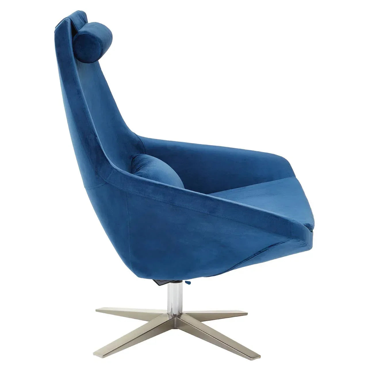 Blue velvet accent chair with headrest and metal swivel base, side profile view