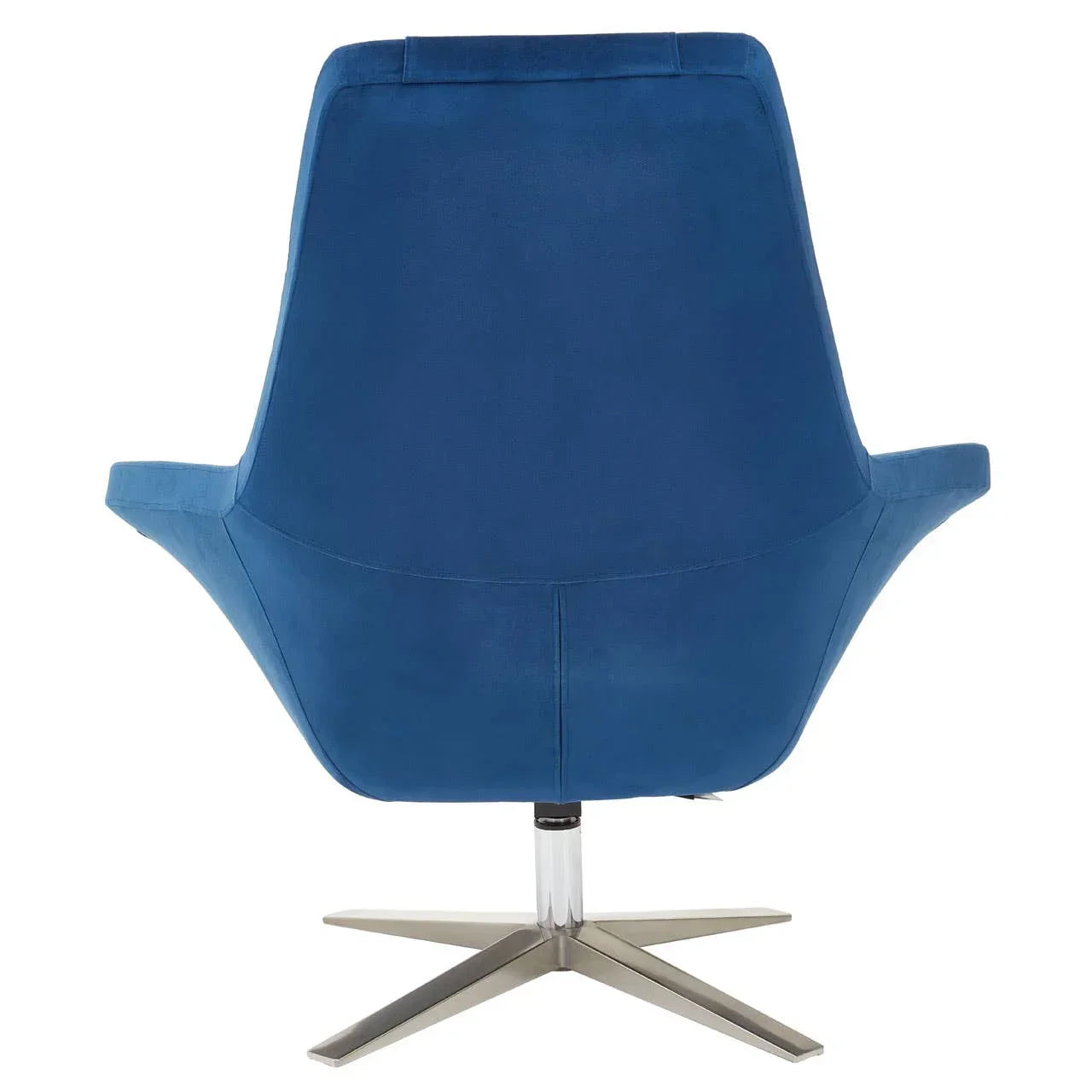 Blue accent chair with metal swivel base, rear view