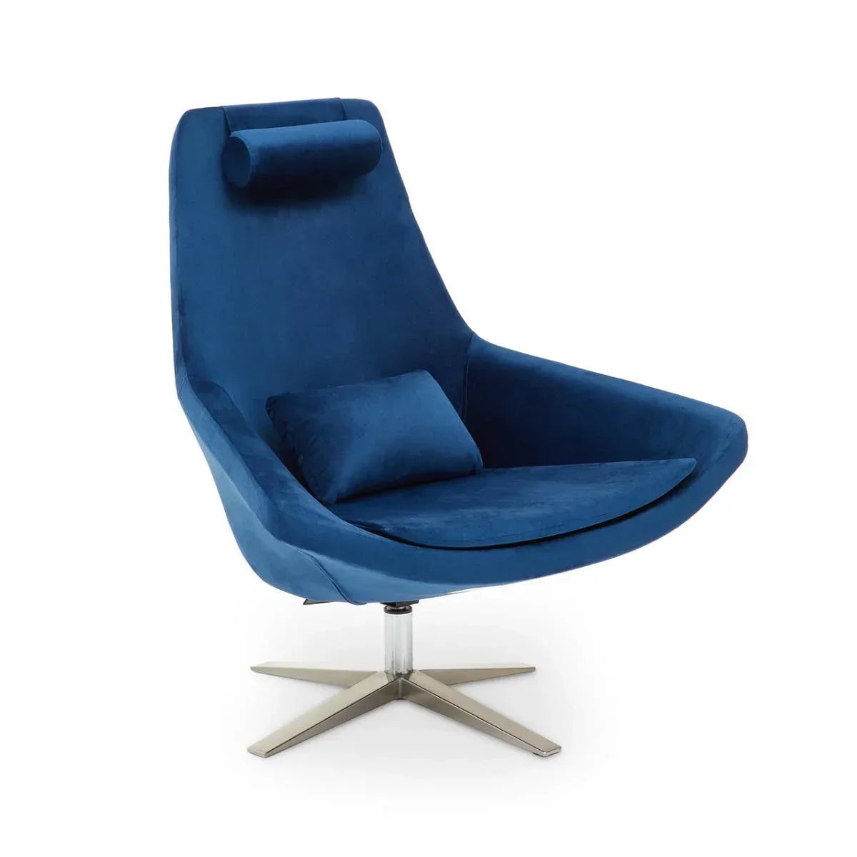 Blue velvet swivel accent chair with high back, headrest, cushion and metal base