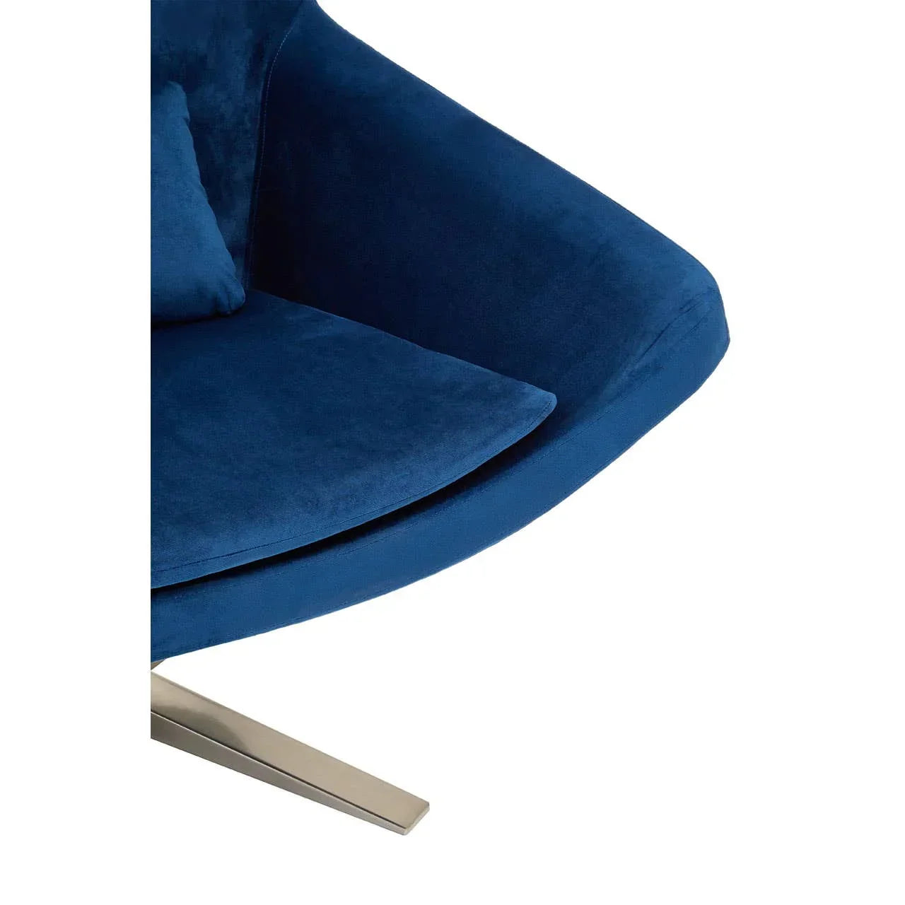 Blue velvet chair seat with metal leg and matching cushion, close-up view