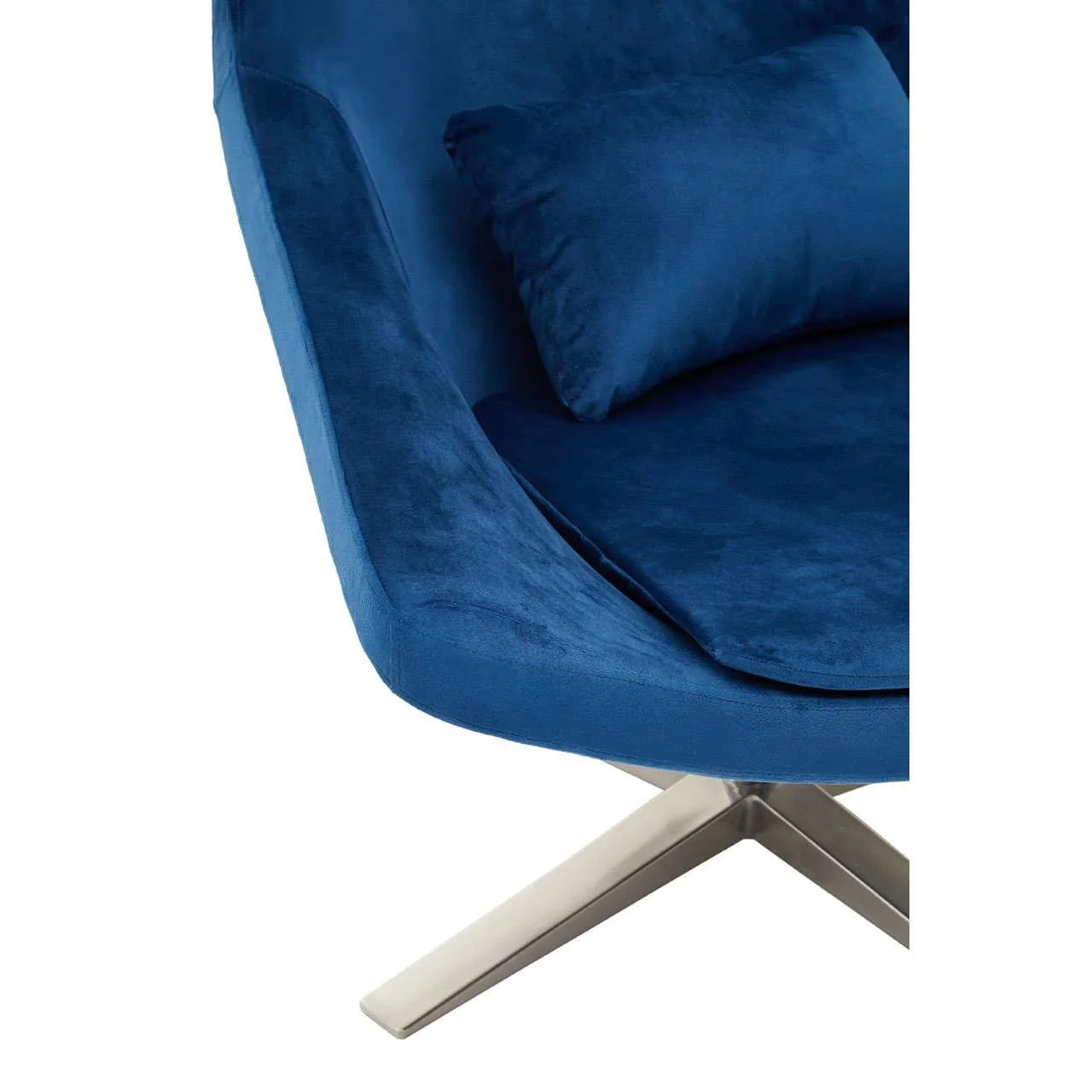 Blue velvet accent chair with chrome swivel base and matching cushion, angled side view