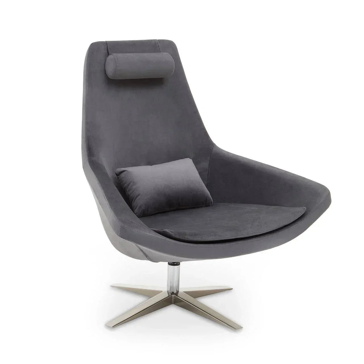 Dark grey velvet swivel chair with cylindrical headrest and star-shaped metal base, angled view