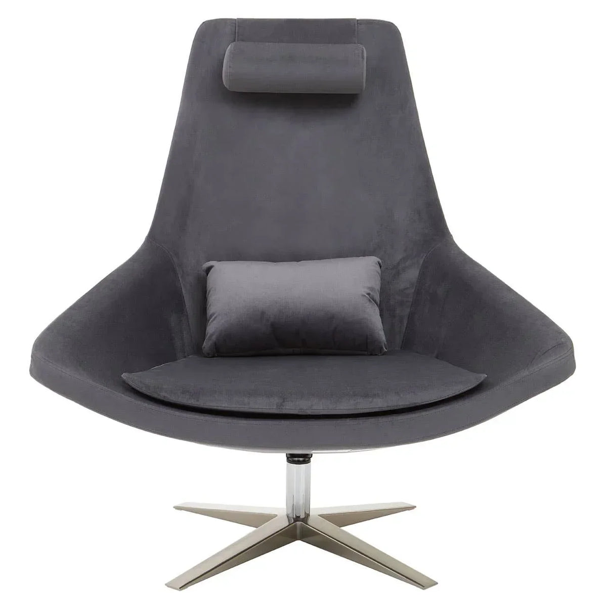 Modern grey swivel accent chair with metal base and matching cushions front view