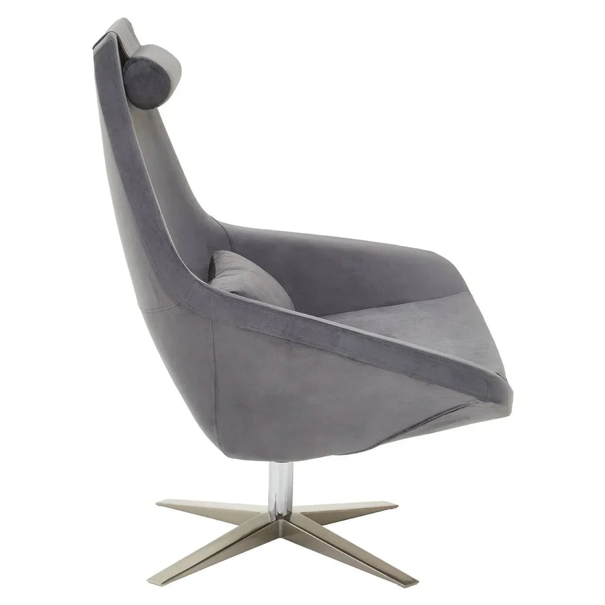 Grey swivel armchair with high backrest and metal star base, side profile view