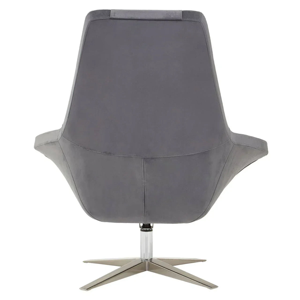 Grey swivel accent chair rear view with metal star-shaped base and modern design