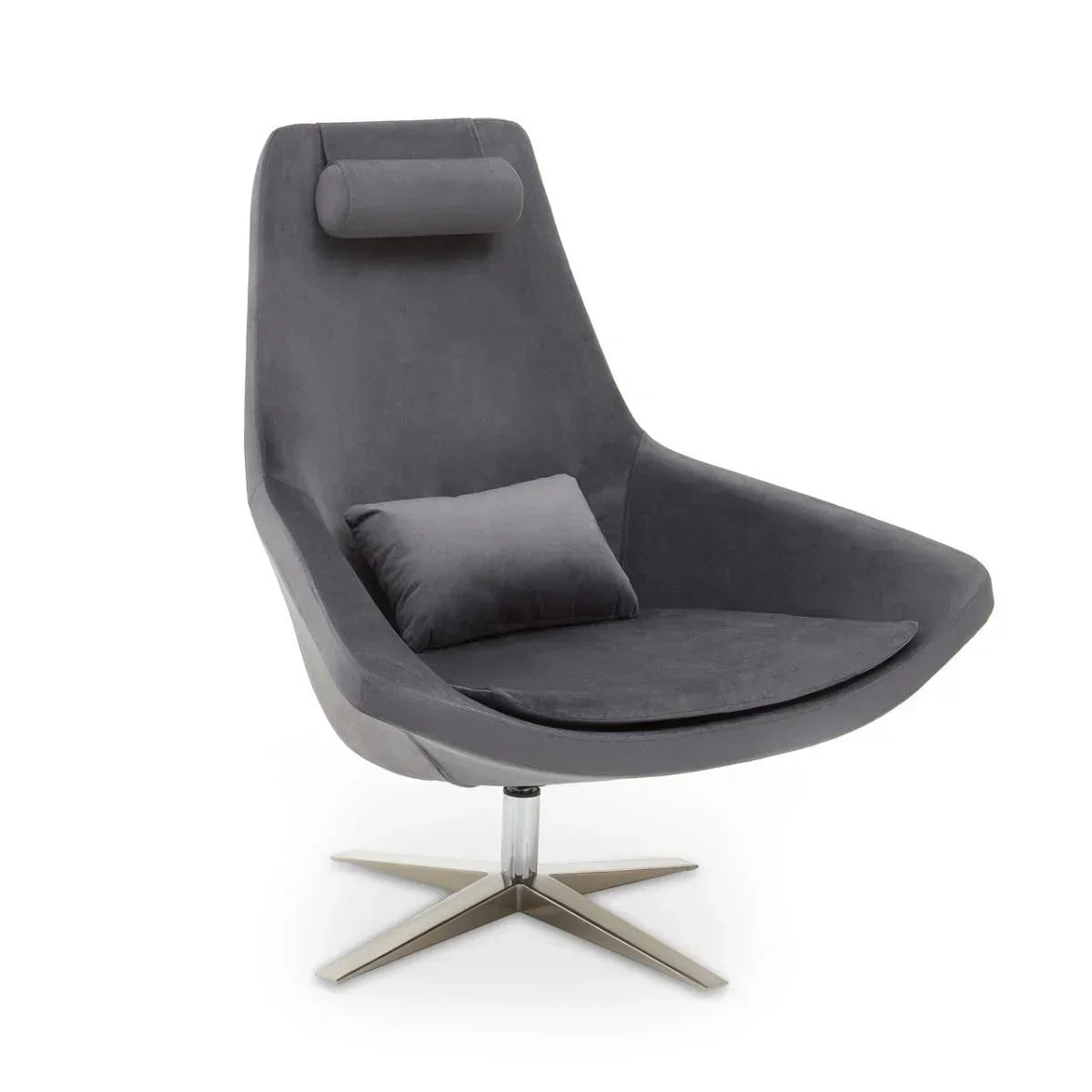 Grey velvet swivel armchair with high backrest, headrest pillow and chrome base