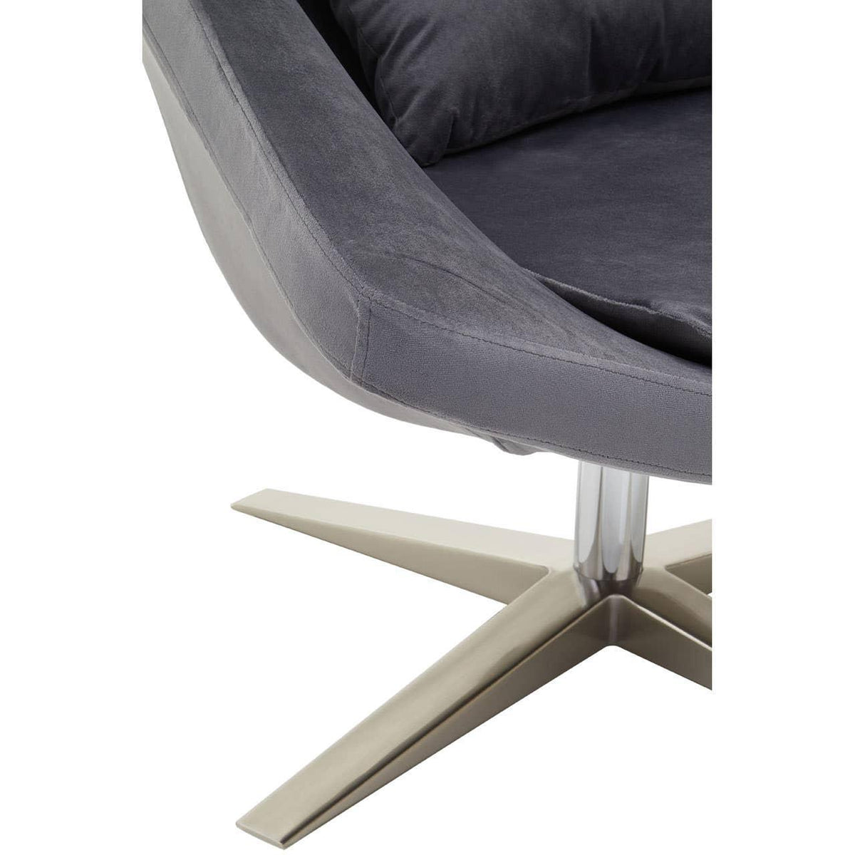 Grey velvet swivel chair with chrome base and plush cushion, close-up view
