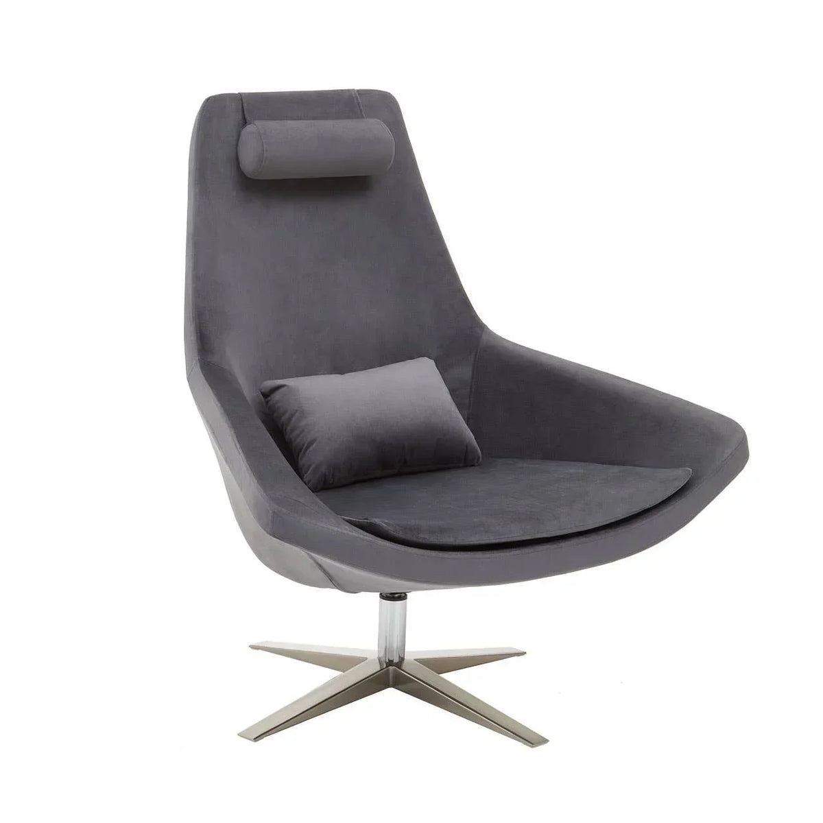 Grey swivel accent chair with metal base, curved back and matching cushions