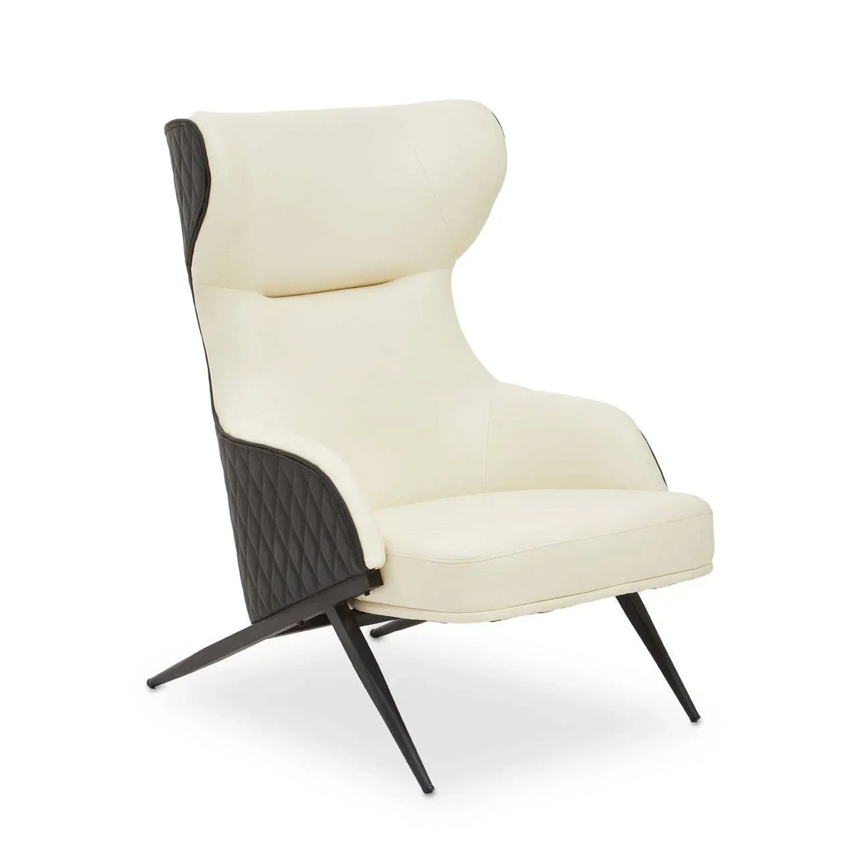 Cream accent chair with high back, black quilted sides and angled black legs