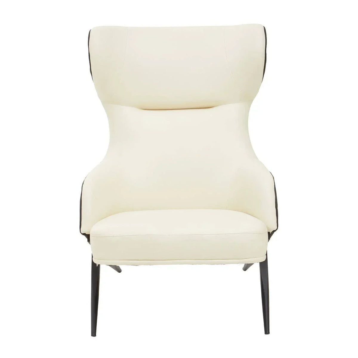 Cream accent chair with high backrest and black metal legs, front view