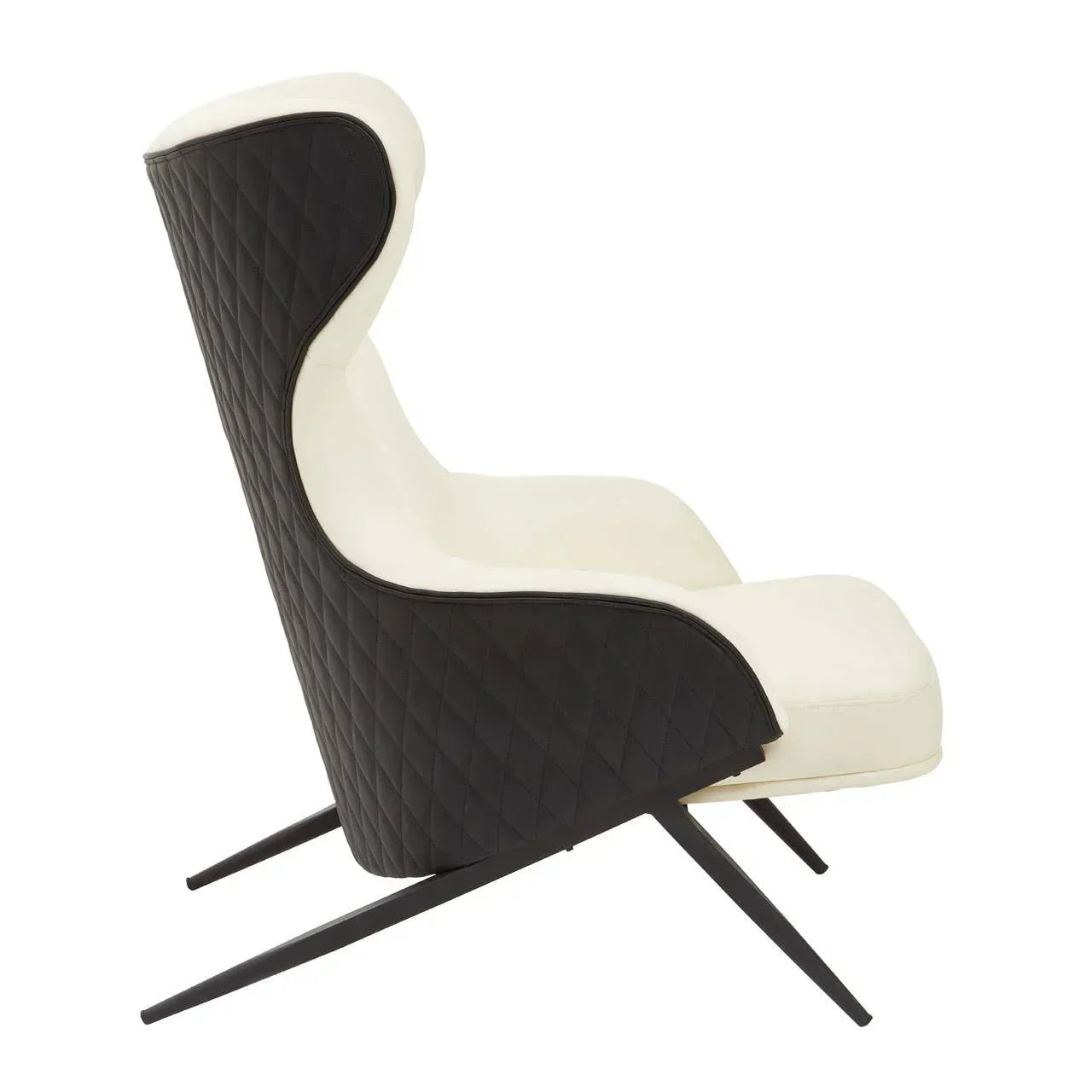 Modern accent chair with black quilted backrest, cream upholstery, and angled metal legs