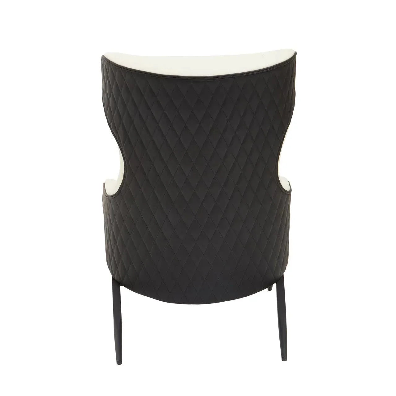 Black quilted accent chair with curved backrest and slim metal legs, rear view