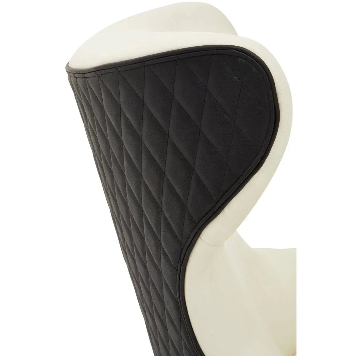 Closeup of chair backrest with black diamond stitched leather and cream upholstery