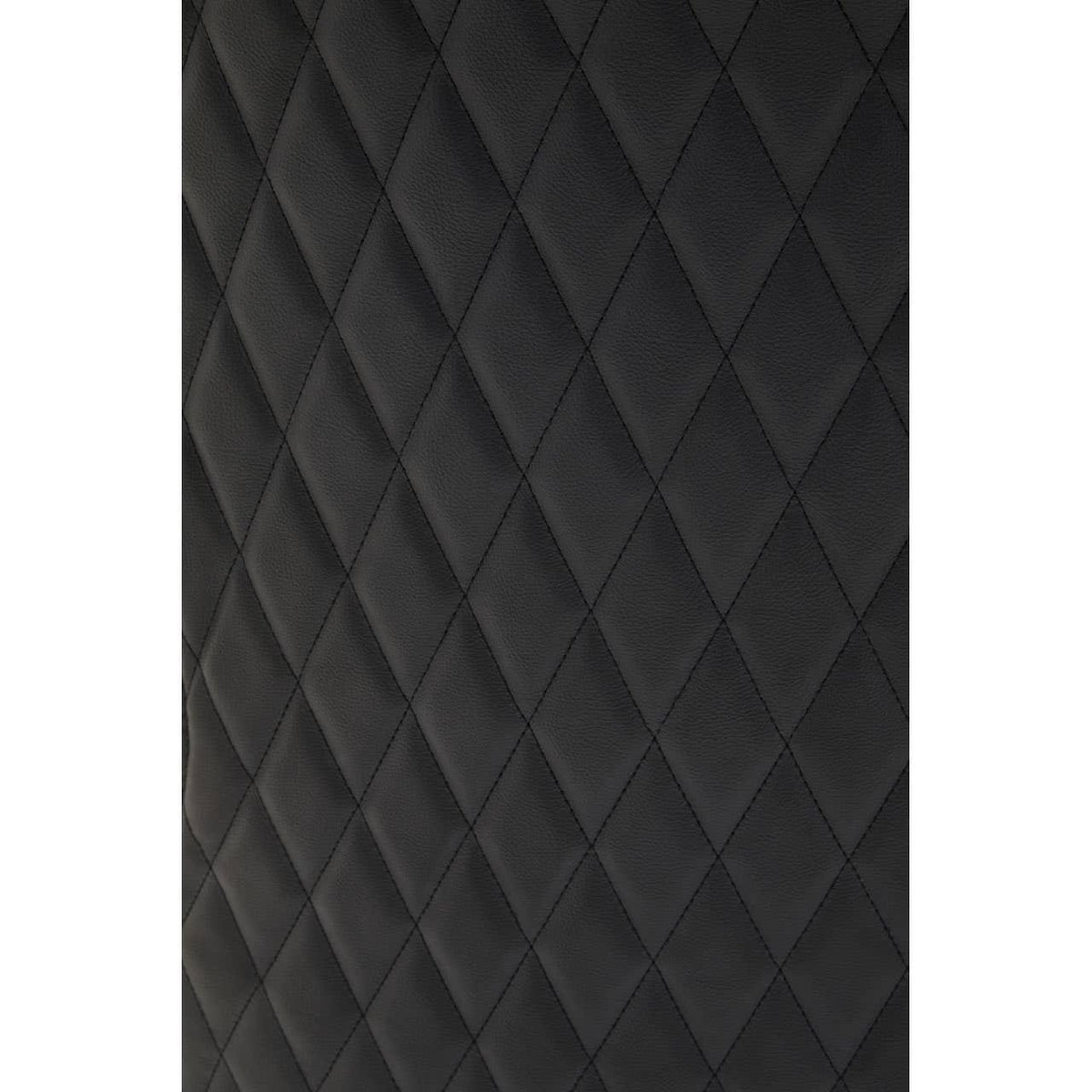 Close up of black quilted faux leather upholstery with diamond stitching pattern