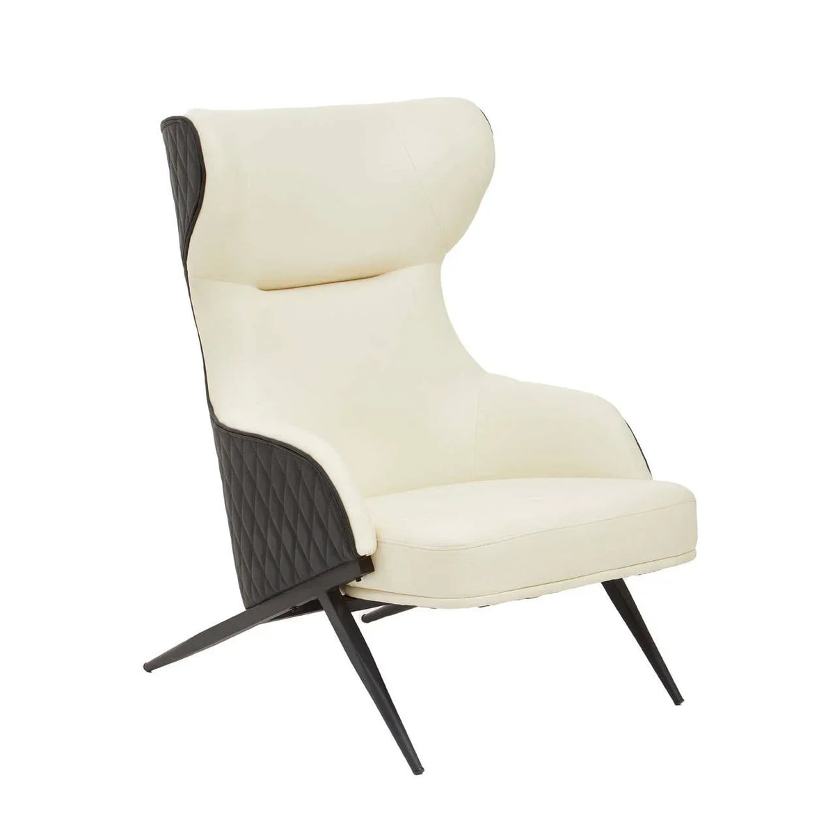 Cream accent chair with black quilted sides and angled legs, modern high back design