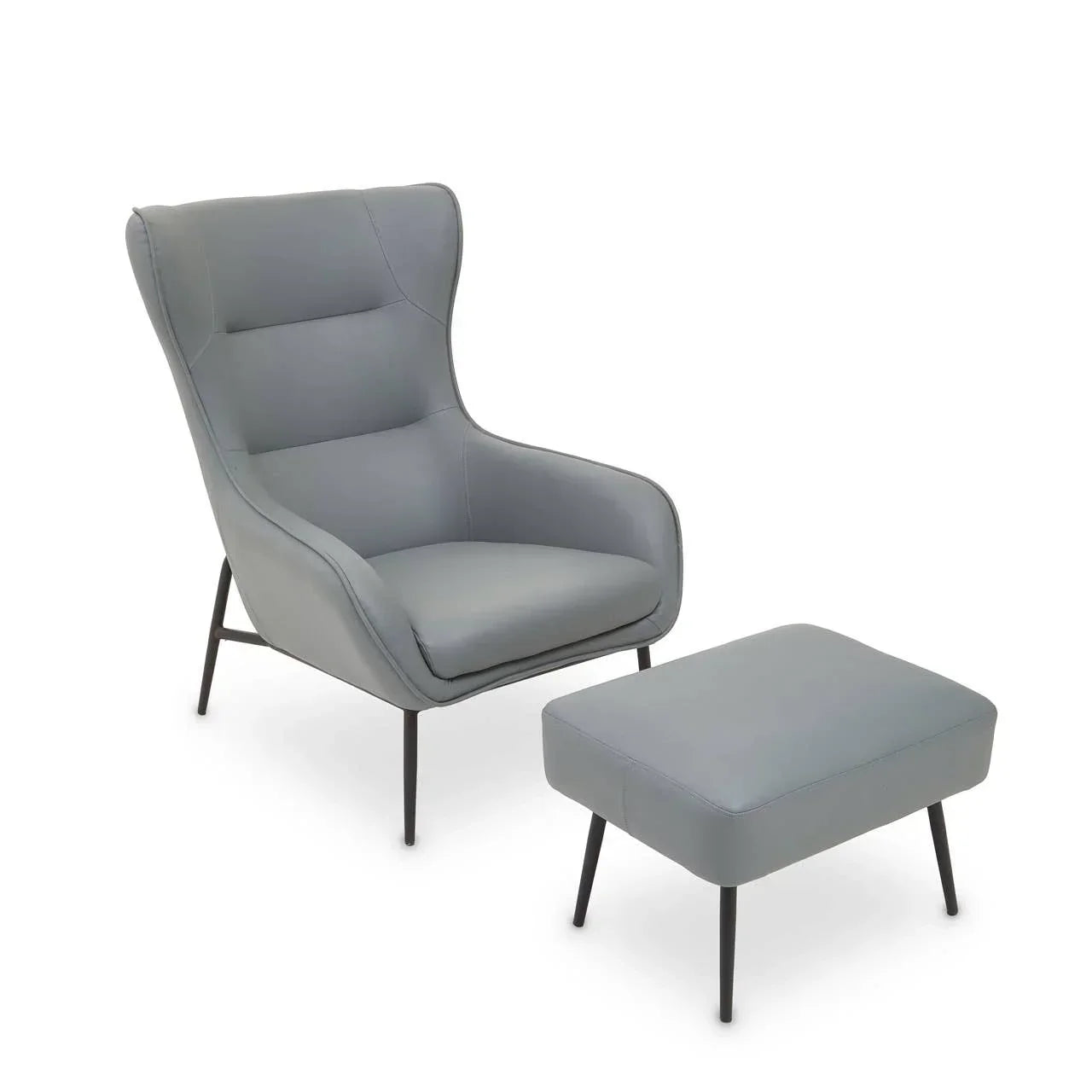 Grey accent chair with matching footstool and black metal legs on white background