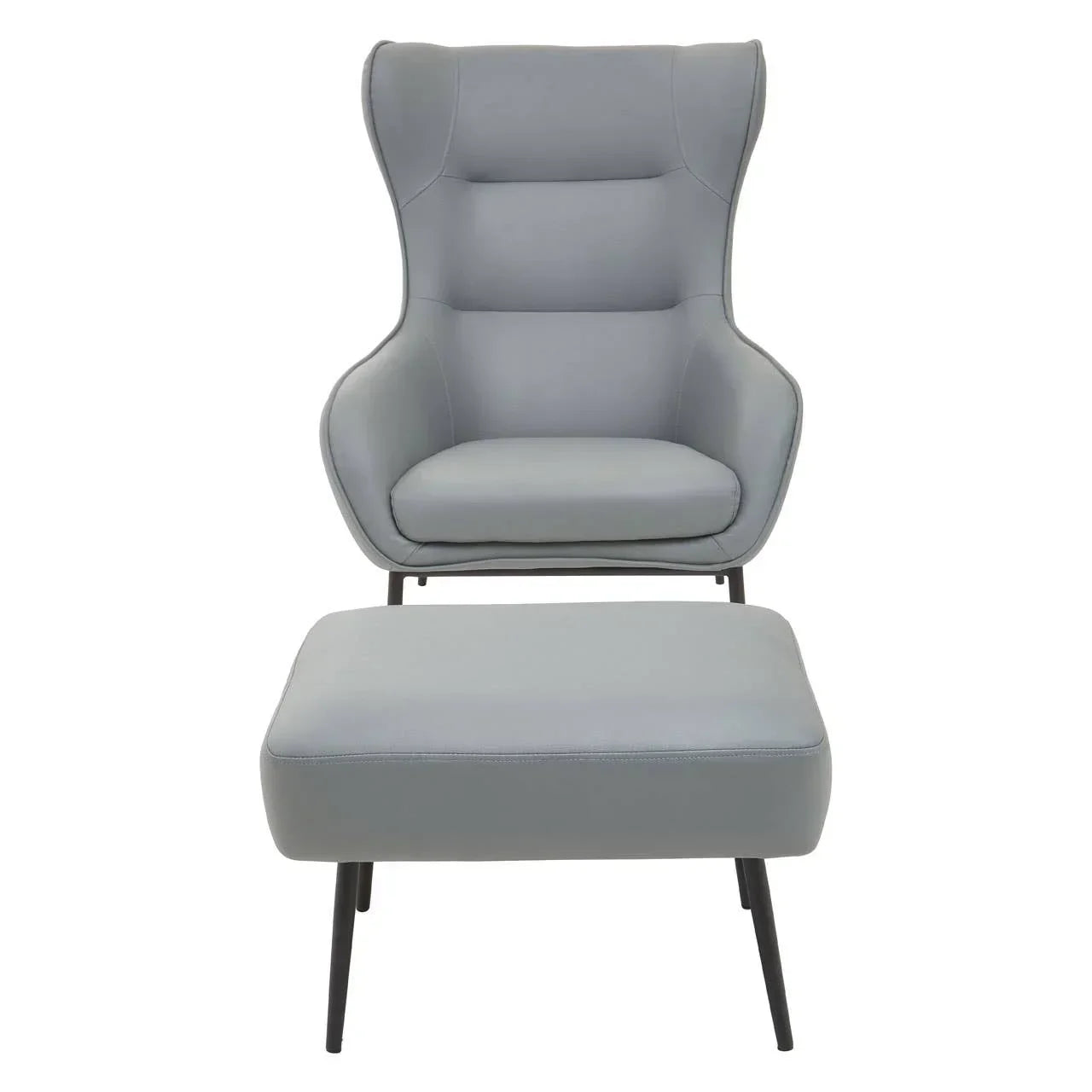 Grey accent lounge chair with matching ottoman and black metal legs, front view