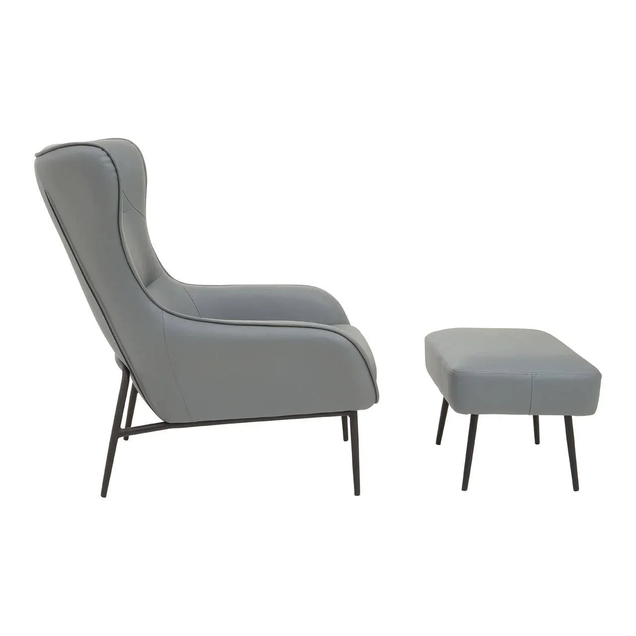 Grey accent armchair with matching footstool and black legs, side profile view