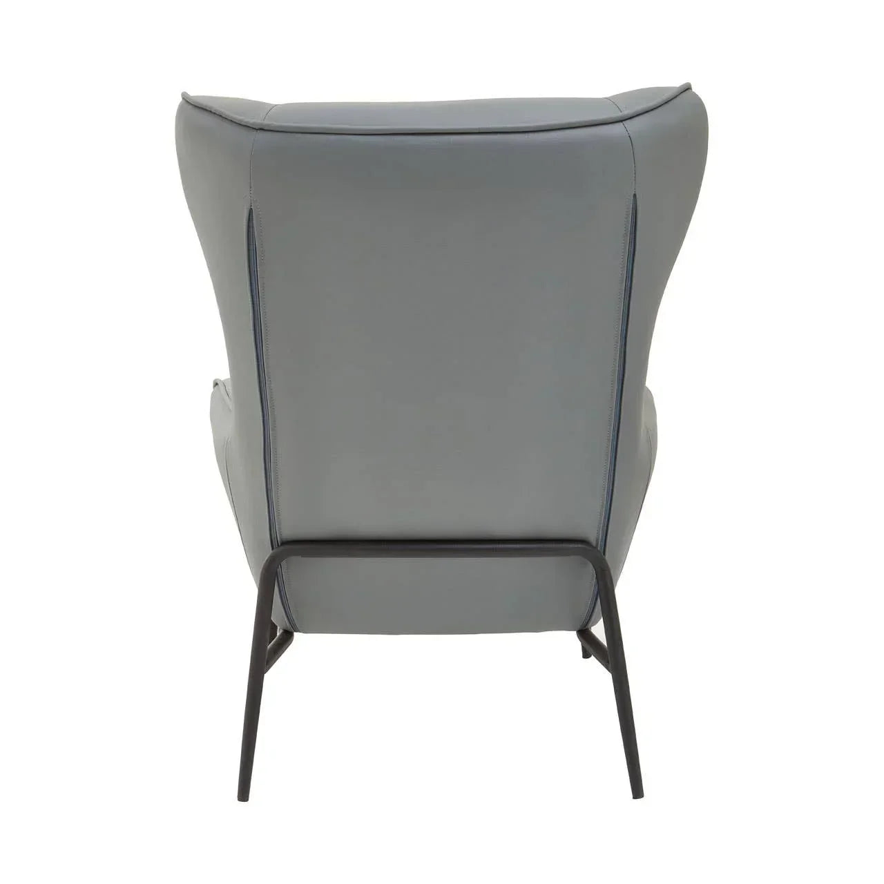 Grey accent chair with metal legs, rear view highlighting smooth upholstery and stitching