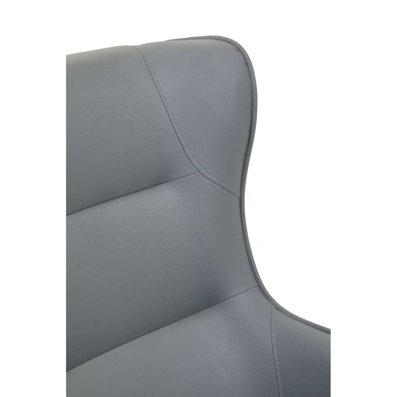 Closeup of grey leather dining chair backrest with modern stitched detailing