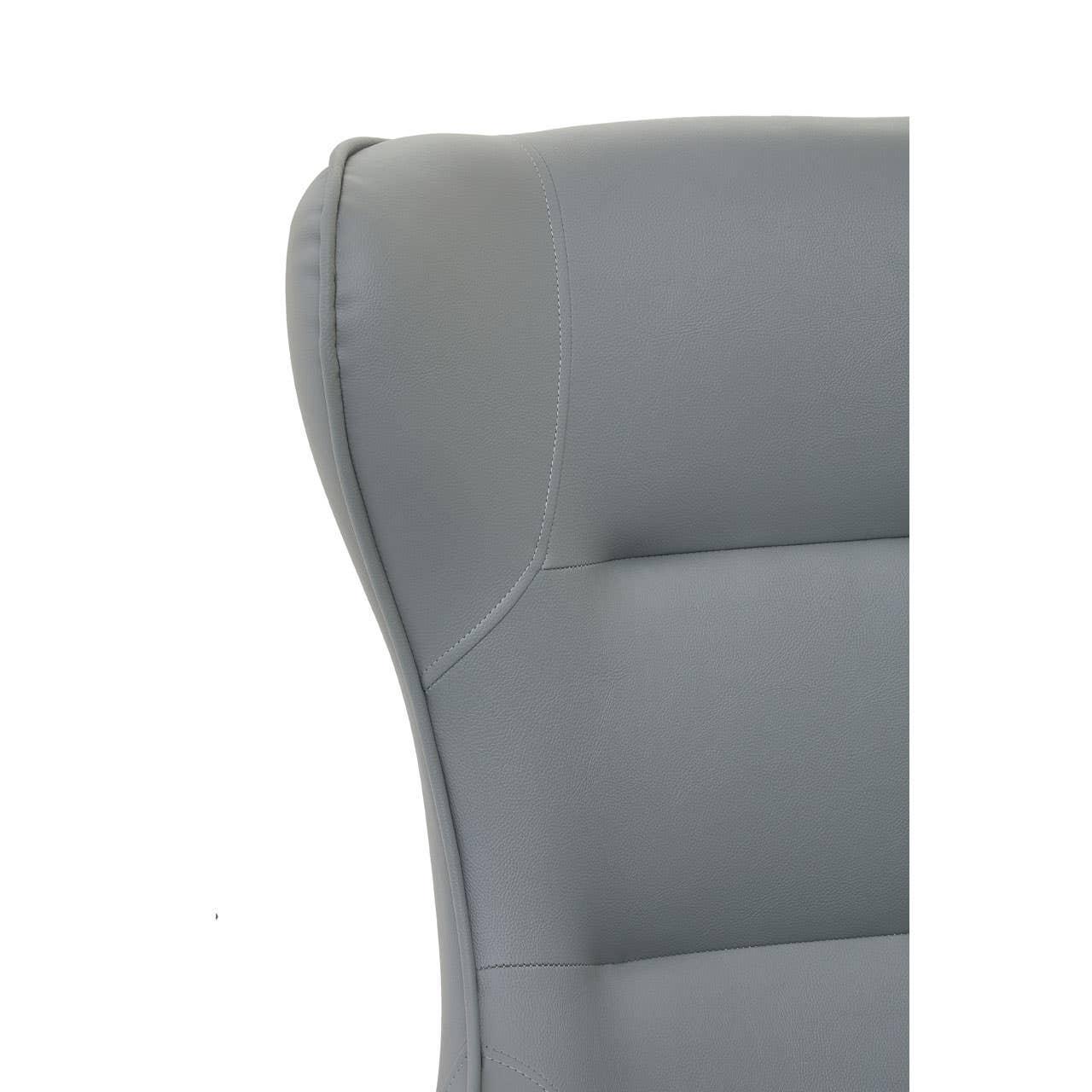 Close view of grey upholstered chair backrest with padded support