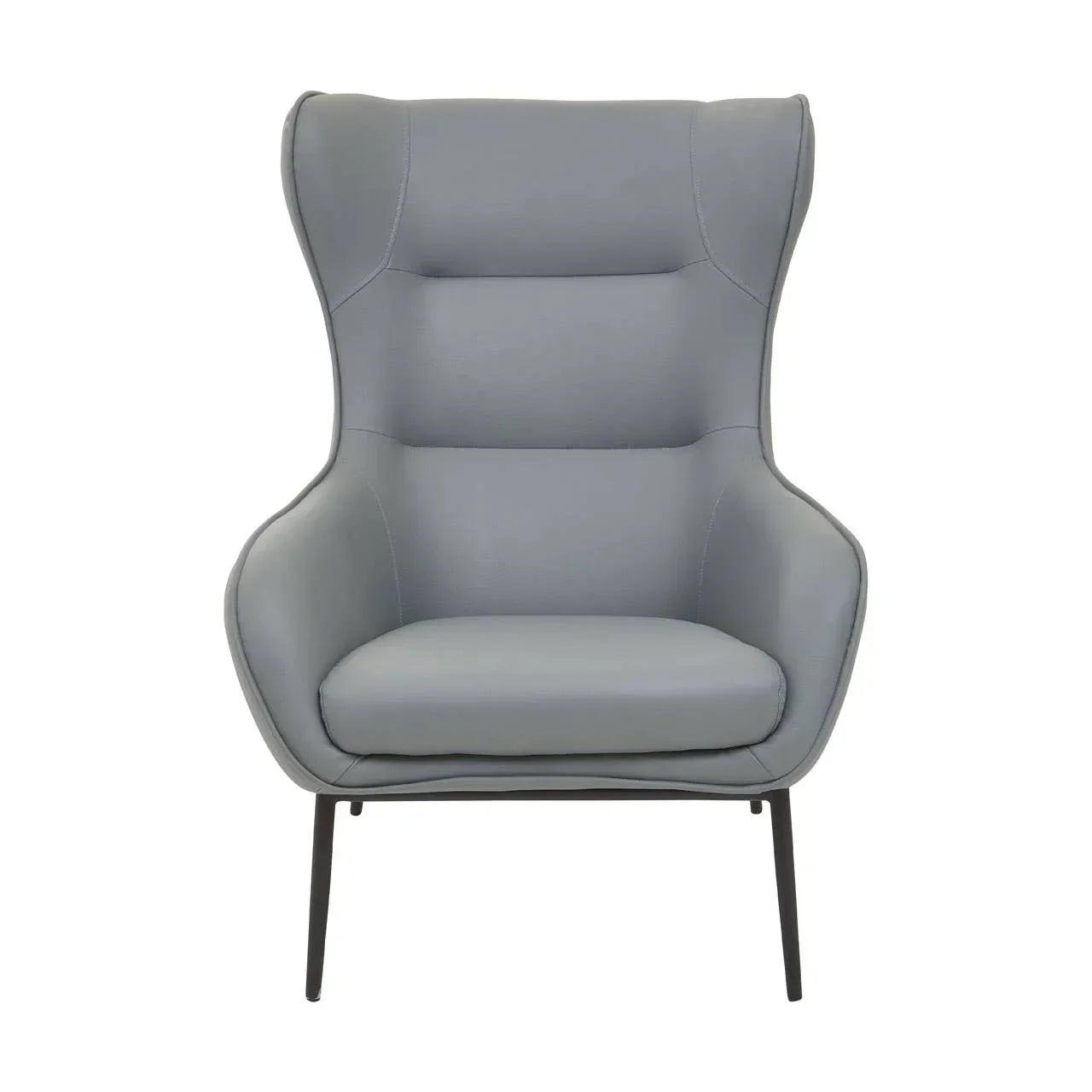 Modern grey accent chair with high back and slim black metal legs, front view