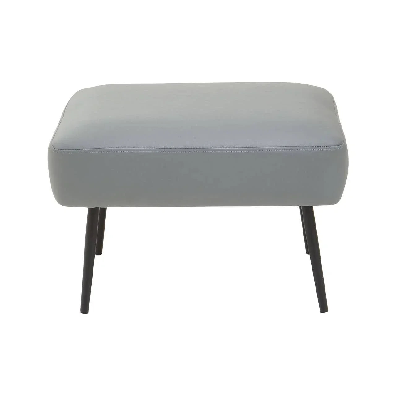 Grey faux leather ottoman with black metal legs, front view