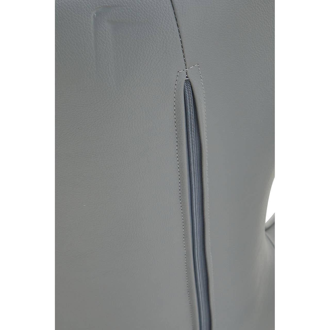 Closeup of grey leather sofa backrest with zip and stitched seam detail