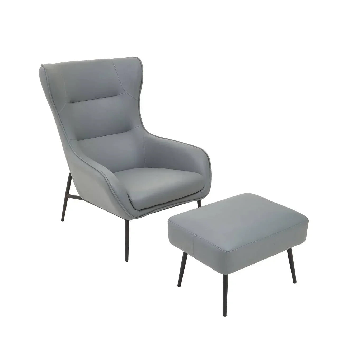 Grey accent armchair with matching footstool and slim black legs on white background