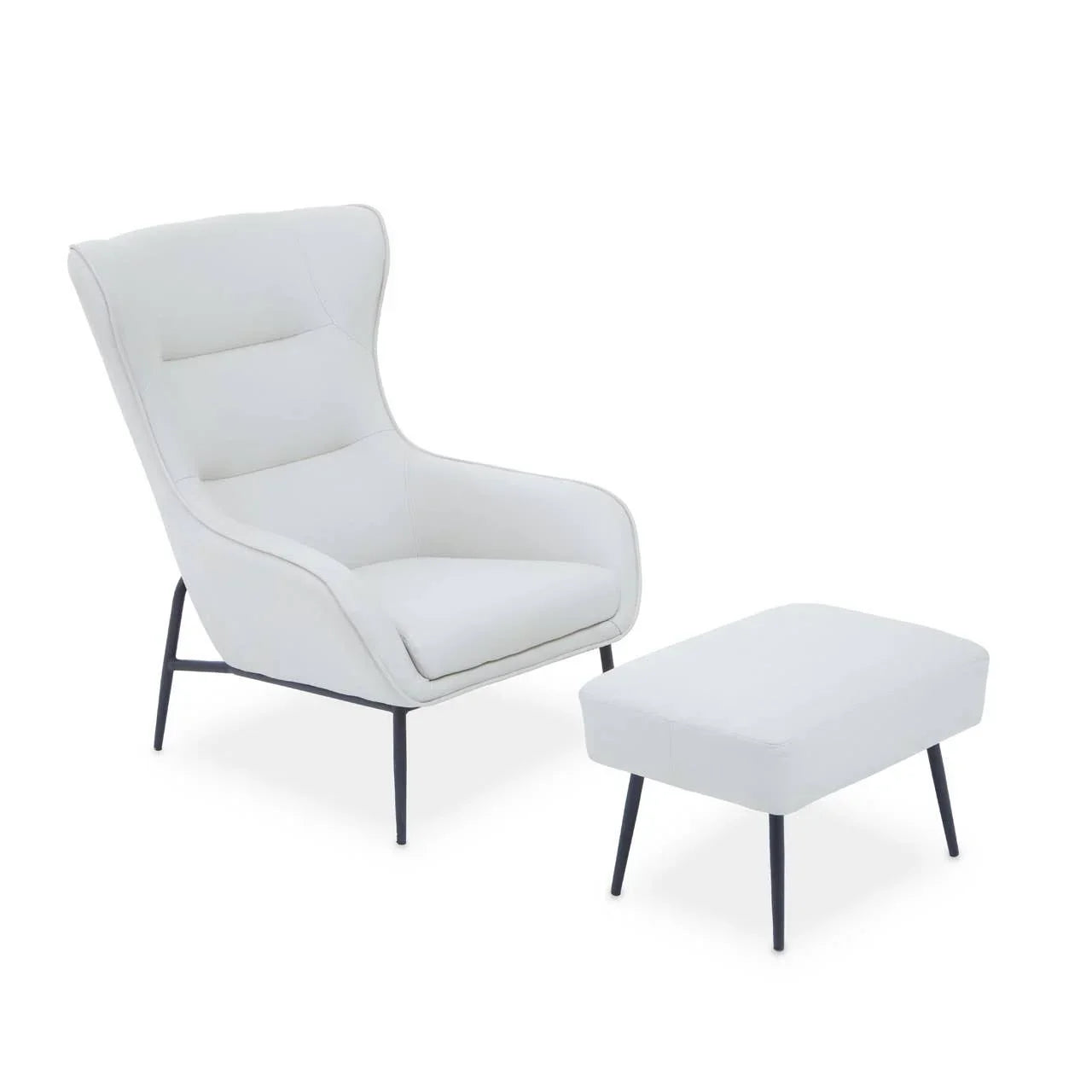 White accent chair with matching footstool and black metal legs on white background