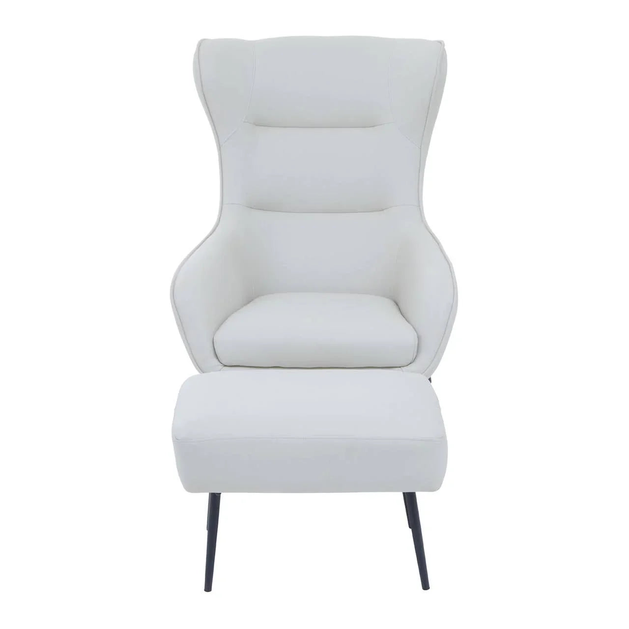 White accent chair with high backrest and matching footstool on black metal legs