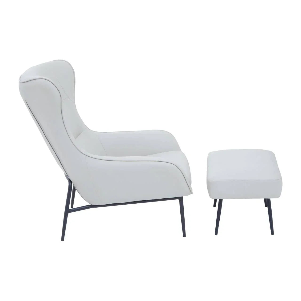 White accent chair with matching ottoman and black metal legs, side view