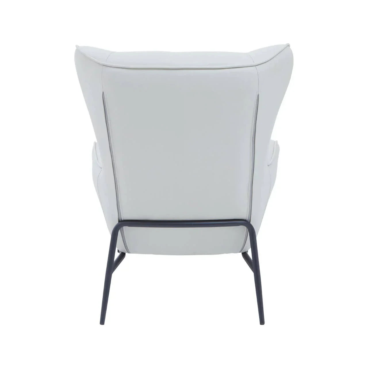 Rear view of modern armchair with white upholstery and black metal legs