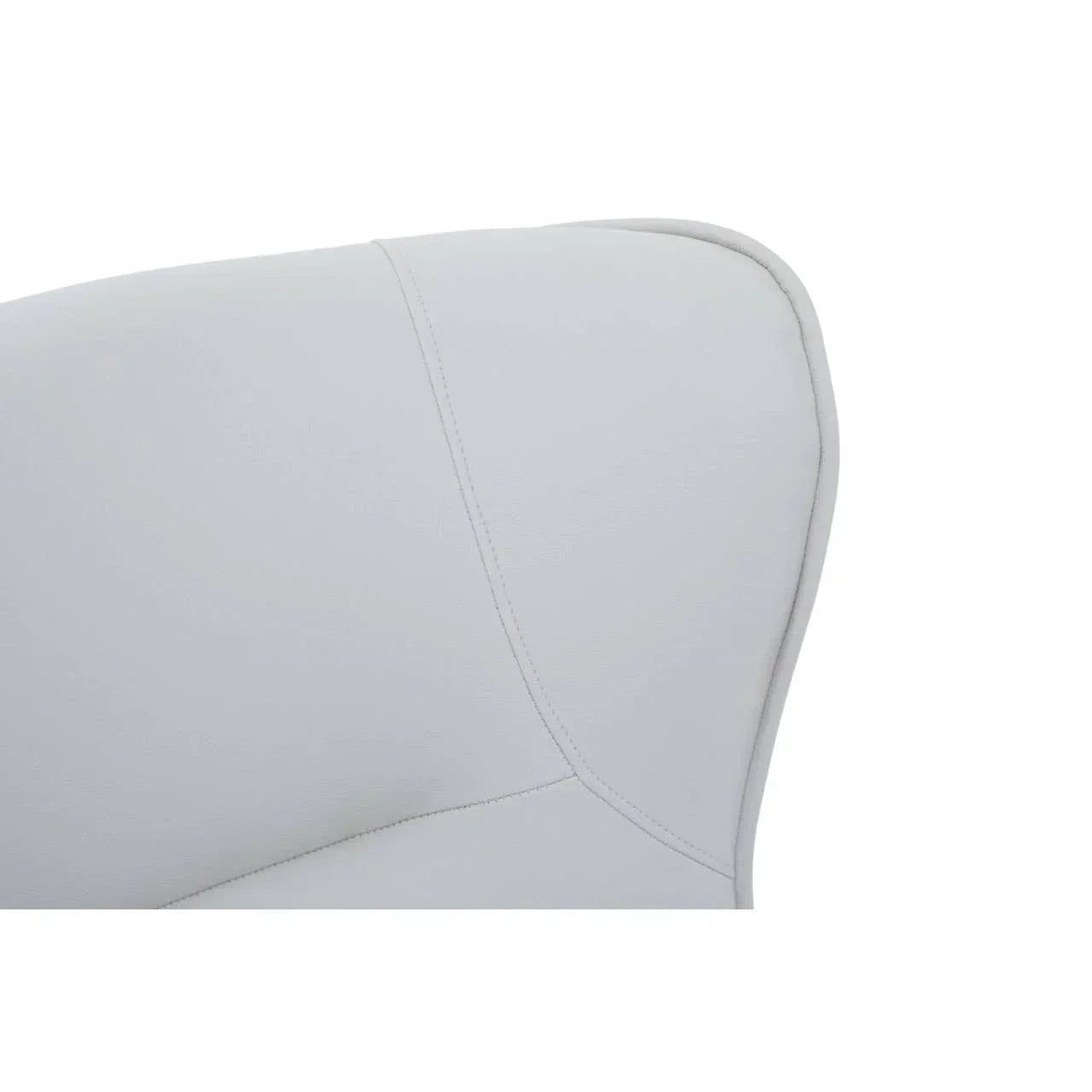 Close-up of light grey leather dining chair backrest with stitched detail