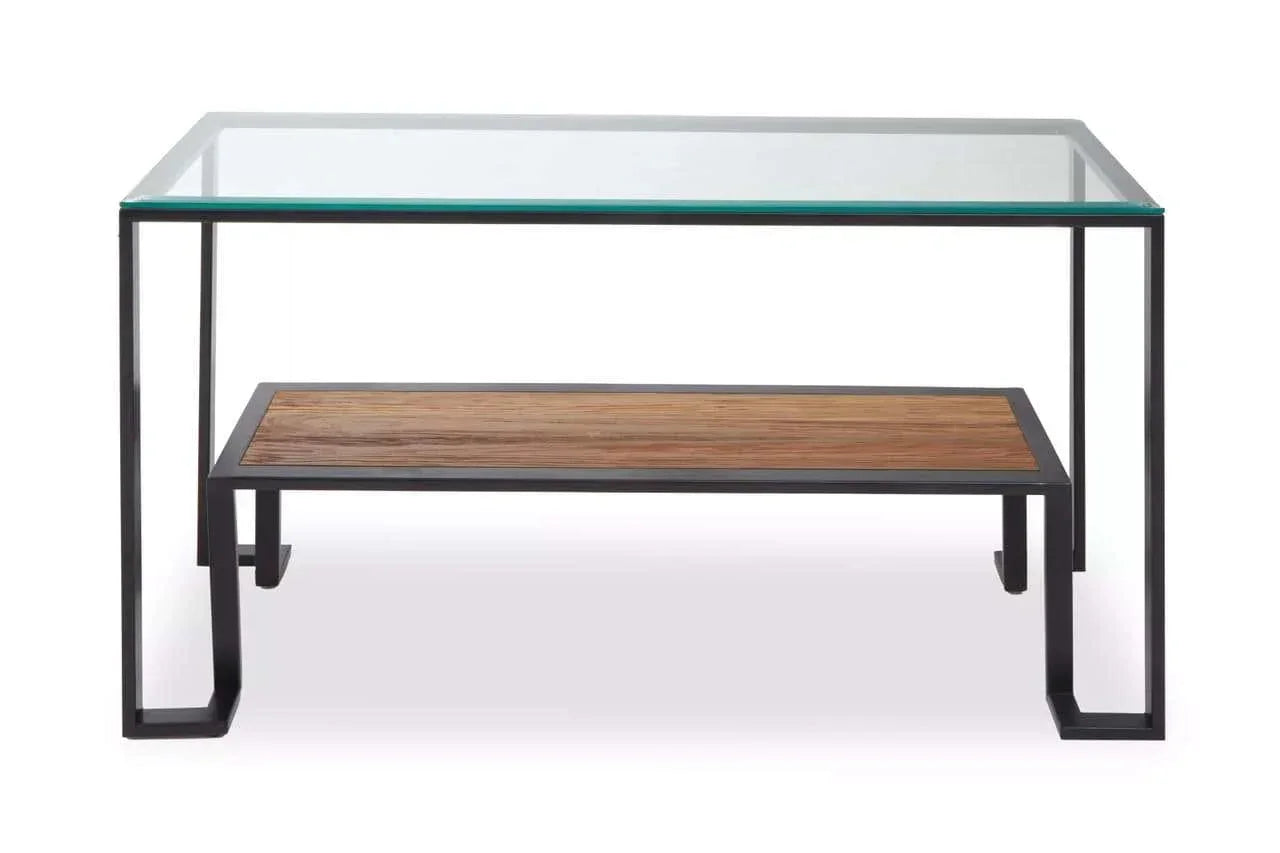 Glass top coffee table with metal frame and wooden lower shelf, front view
