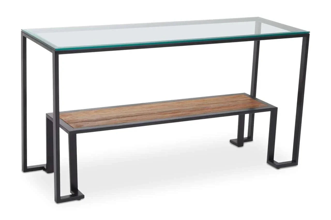 Glass top console table with black metal frame and wooden lower shelf