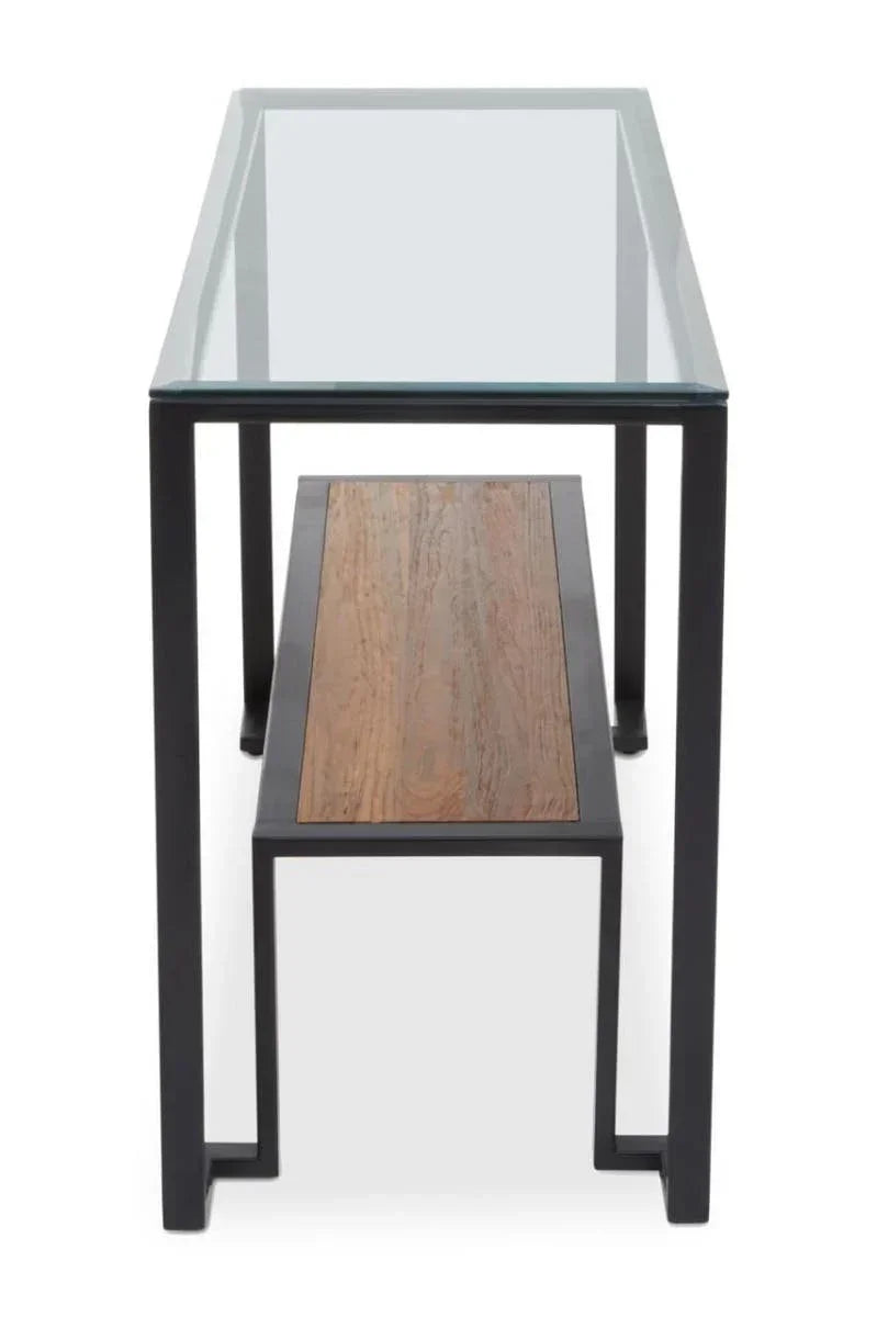 Glass top console table with black metal frame and wood accent shelf, front view