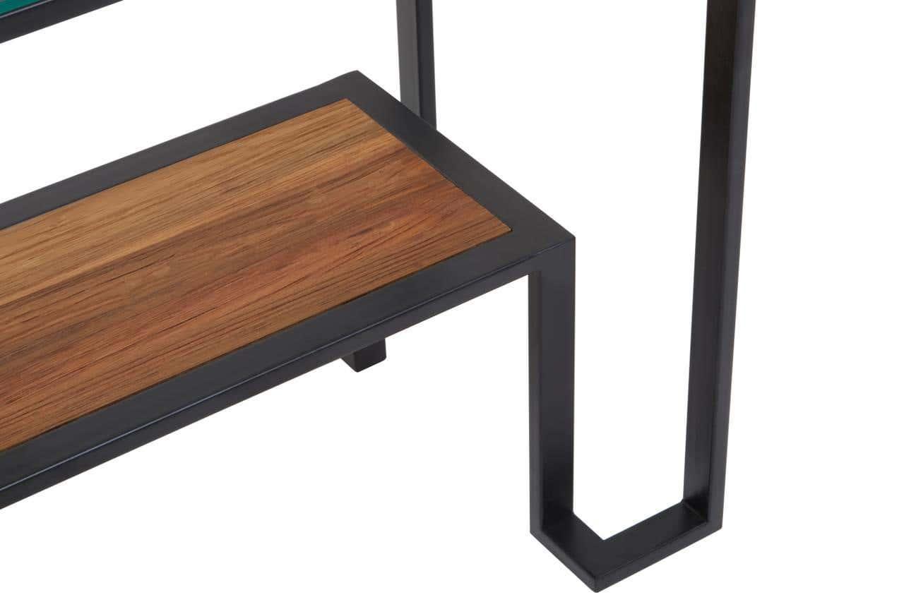 Industrial console table with black metal frame and wood shelf, close-up of corner detail