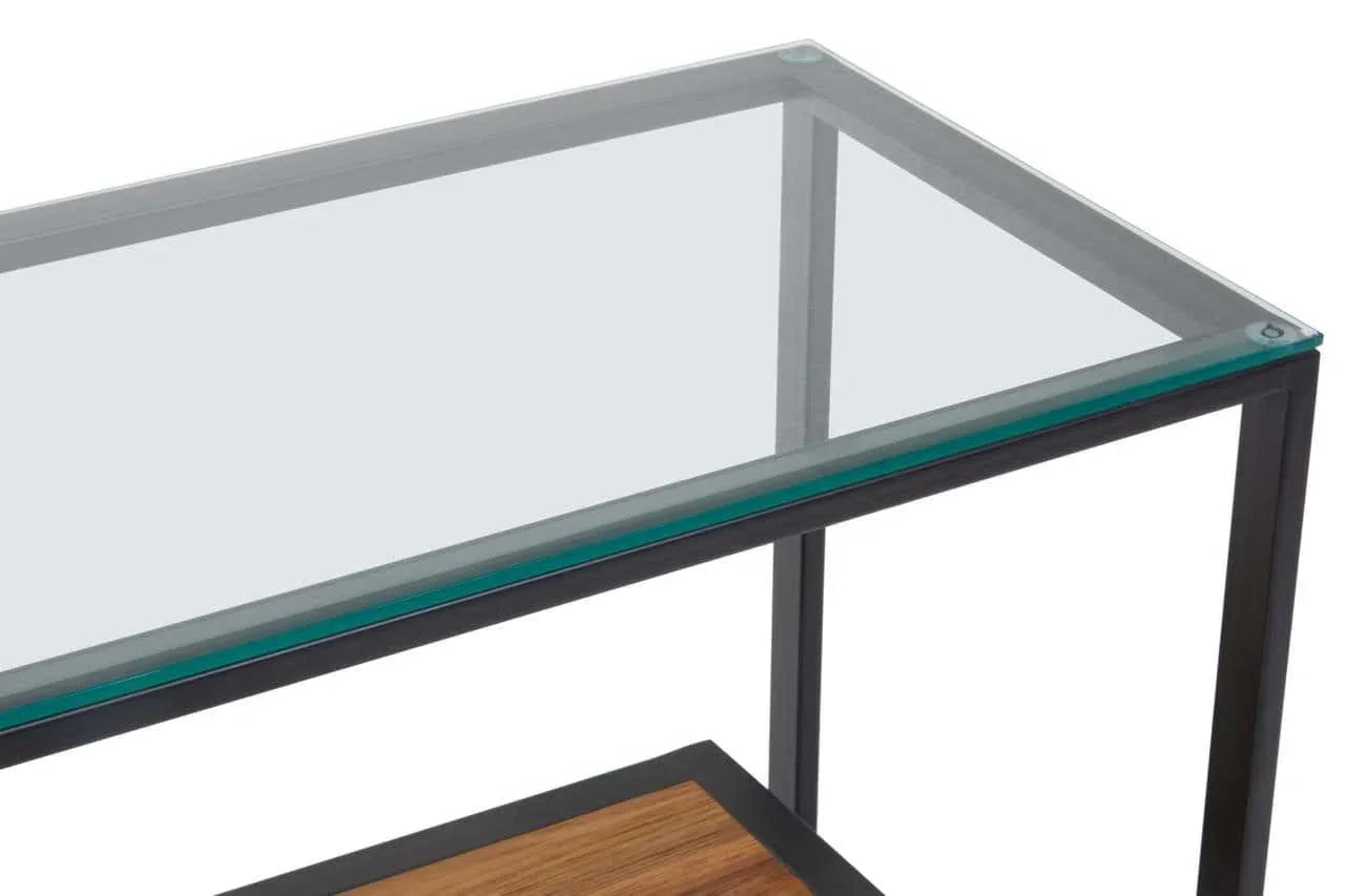 Rectangular glass top console table with black metal frame and wood lower shelf