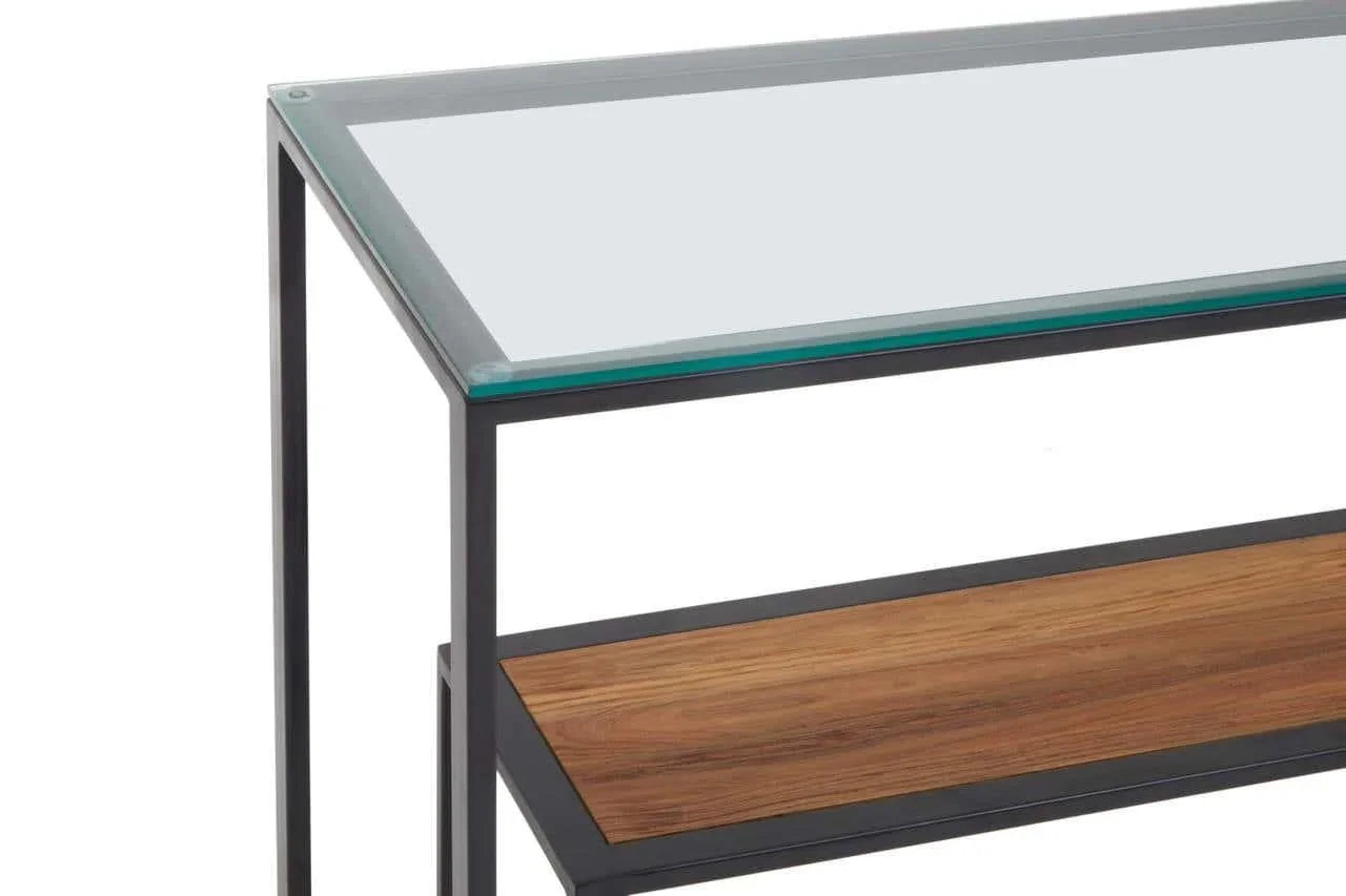 Glass top console table with black metal frame and lower wooden shelf