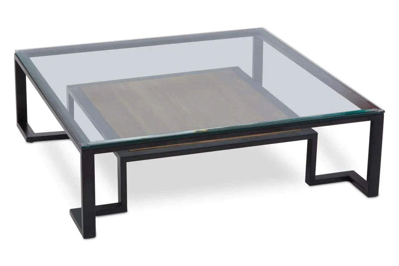 Square glass coffee table with black metal frame and lower wooden shelf